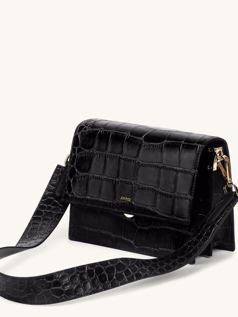 JW PEI Black Croc-Embossed Crossbody Bag with Wide Strap